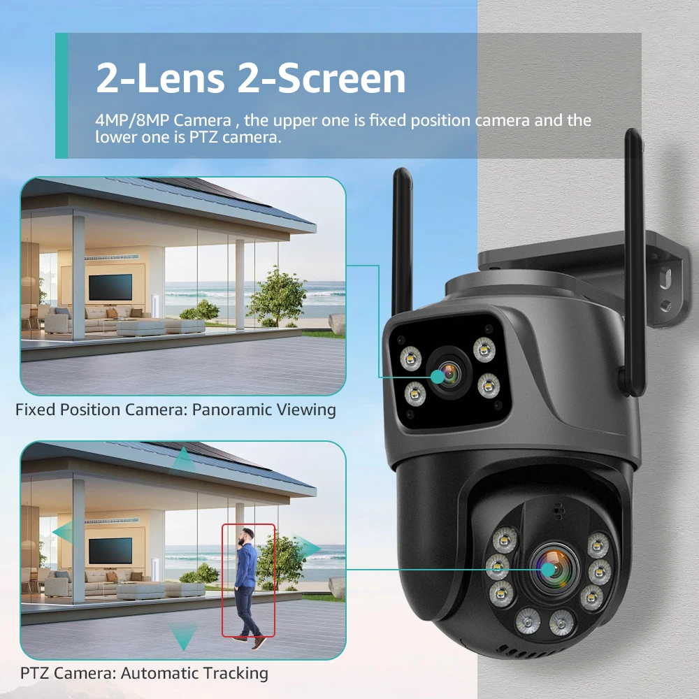 Wifi Cam Outdoor 8MP PTZ Human Detection Color Night Vision Security Protection Dual lens and Dual Screen Surveillance Cam