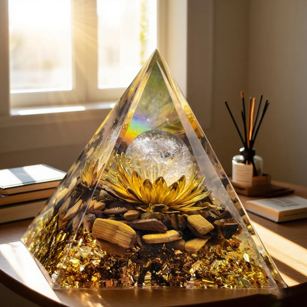Natural  Clear Quartz And Tiger Eye Stone Lotus Life Flower Orgone Pyramid Decoration Ornament Handmade Energy Healing Craft