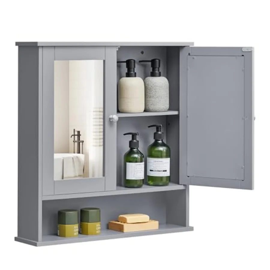 

Wall-mounted bathroom cabinet with mirror featuring two mirrored doors adjustable shelf open compartment ideal for small to med