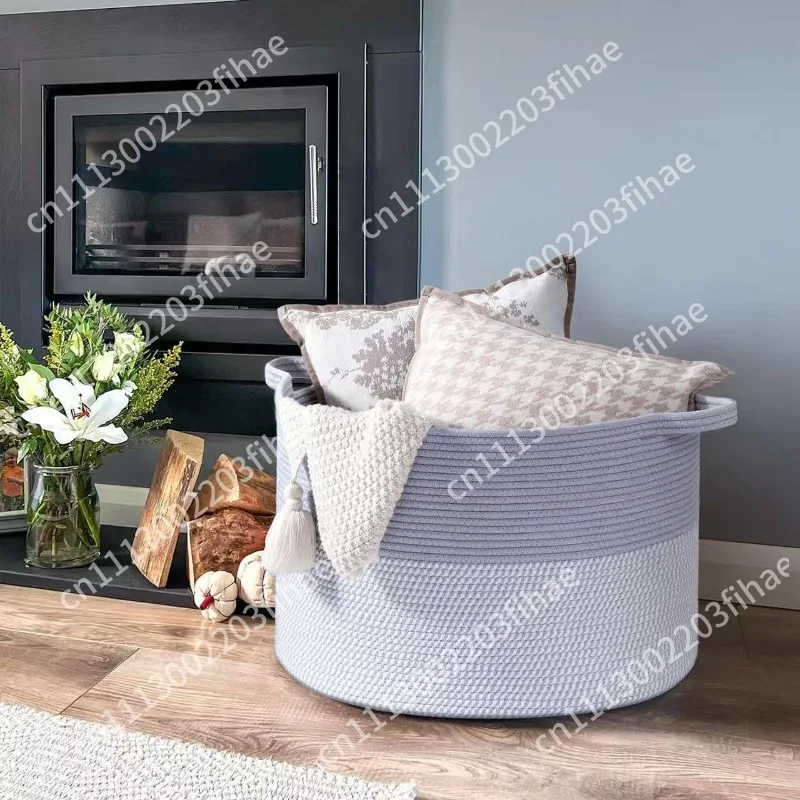 Cotton rope woven large-capacity storage basket clothes toy sundries with handle color matching dirty clothes basket