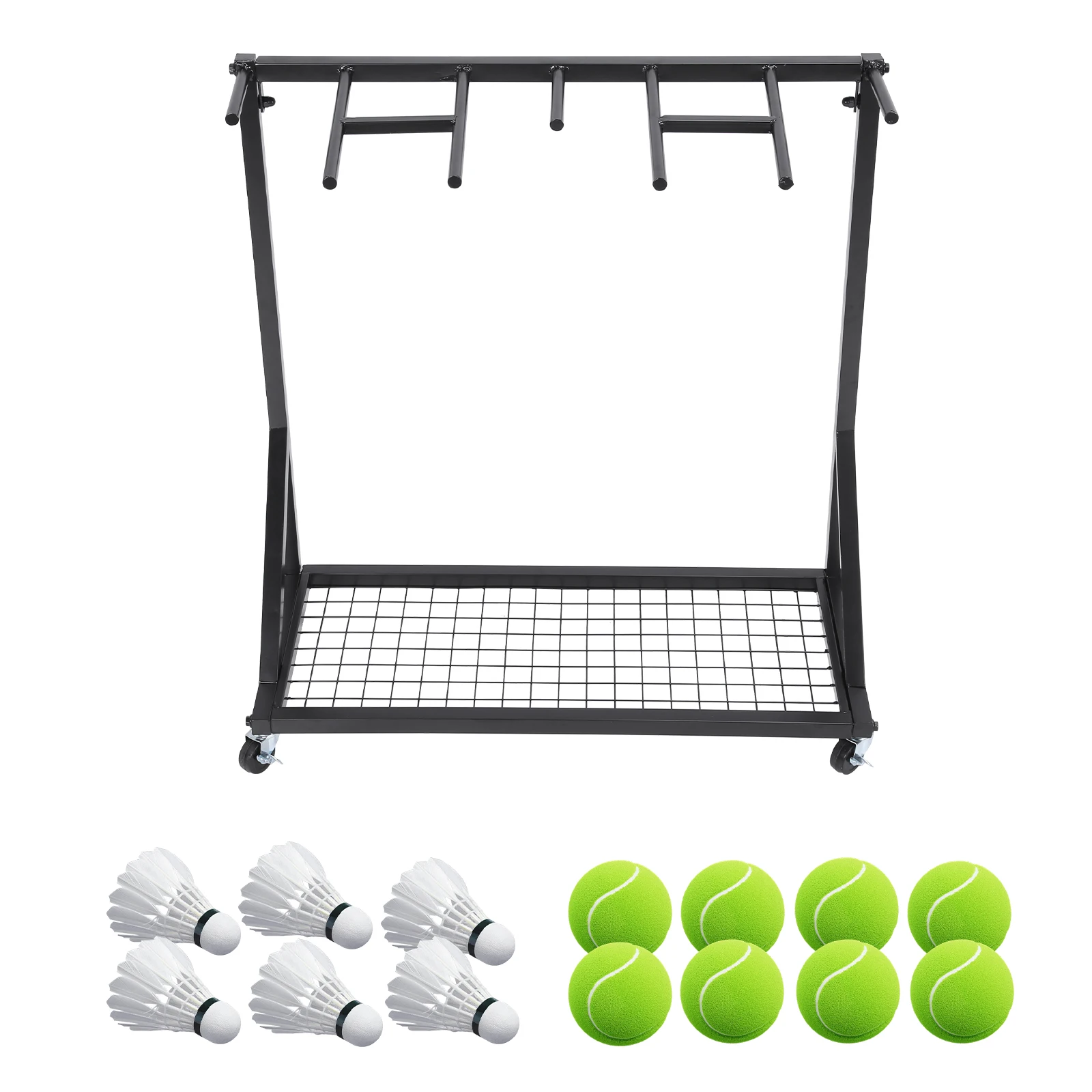 

Sports Racquet Storage Organizer Rack with Wheels Rolling Heavy Duty Tennis Balls Holder for School/Gym/Training Ground