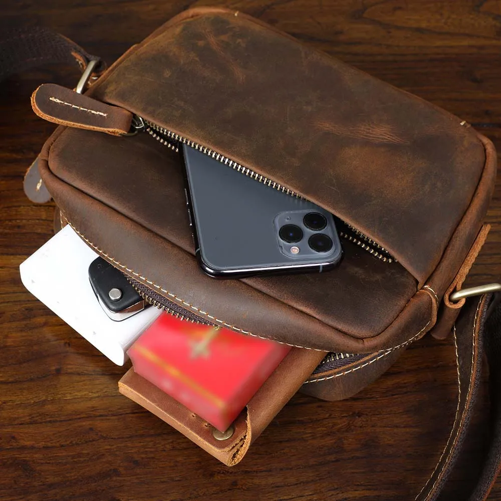 S.WORKER Vintage-Umhängetasche aus Vollnarbenleder, Herren-Schultertasche, Mini-Handy- und Schlüsseltasche – Detail 18