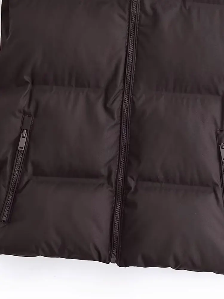 TFAFXY femmes Chic marron sans manches gilets poches zippées rembourré épais chaud manteaux mode 2025 automne hiver vêtements d'extérieur