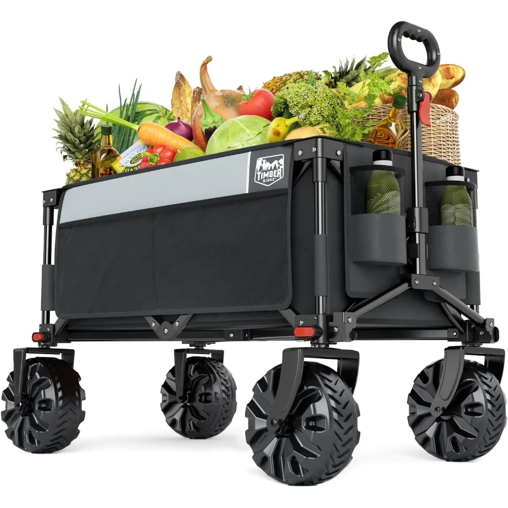 

outdoor collapsible wagon utility folding cart heavy duty all terrain wheels for shopping camping garden with side bag and cup