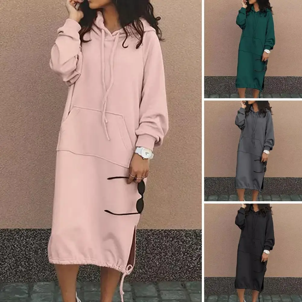 

Autumn 2023 Long Hooded Sweatshirts Dress Women Casual Solid Long Sleeve Maxi Dresses Winter Clothes Warmer Vestidos Robe Femme