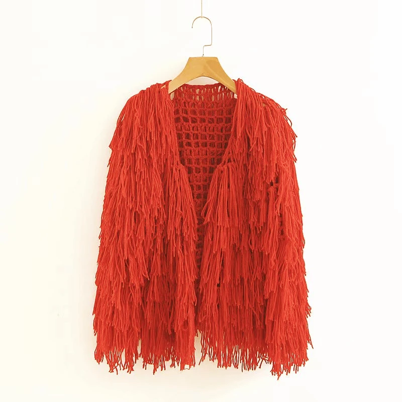 Chic Handmade Knitted Cardigan Tassels Crocheted Hollow Sweater Coat Fringed Hook Jacket Long Sleeved Outwear Knitwear Tops