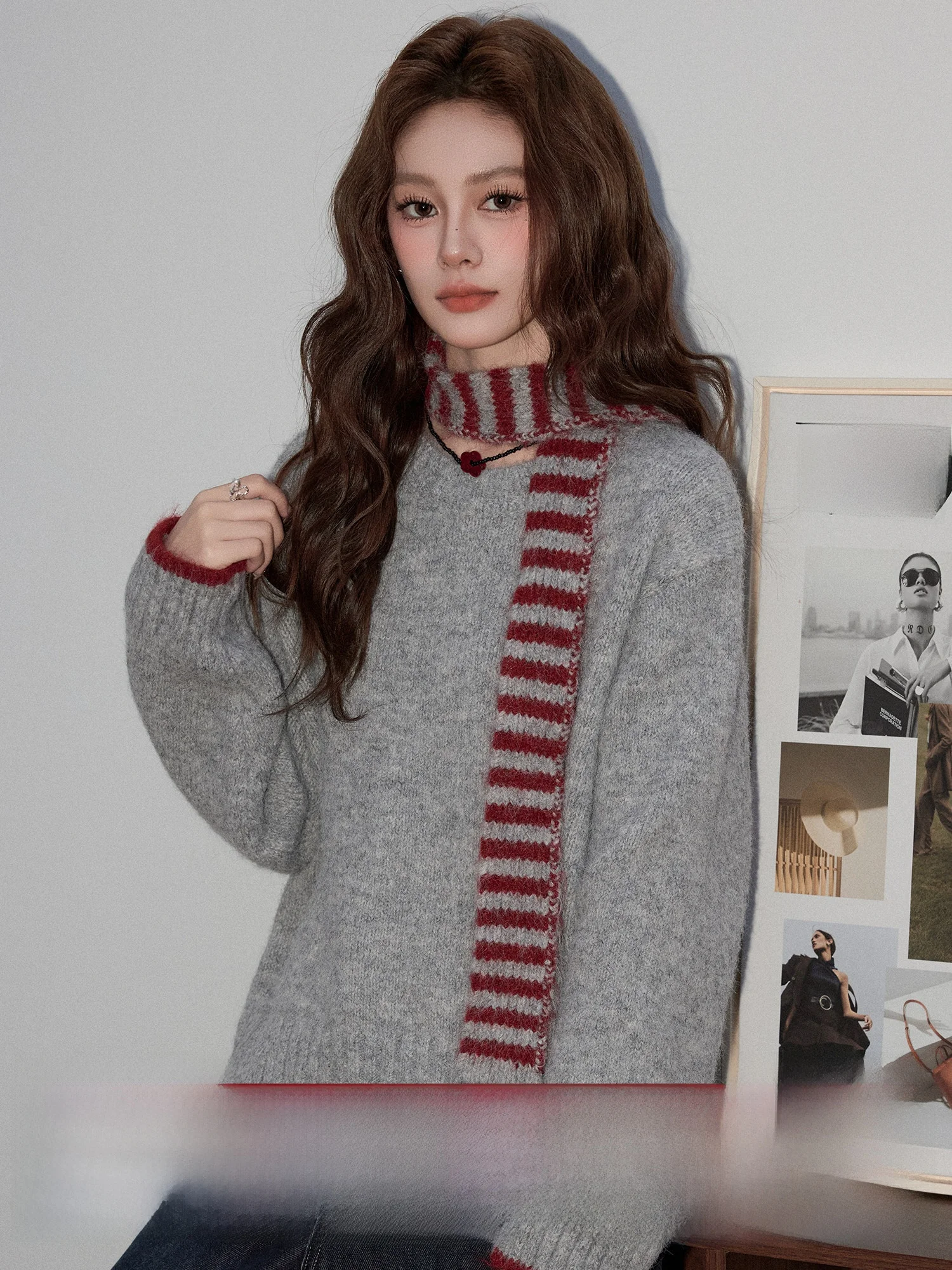

Mii Xiaoke 2026 V-Ne Loose Knitted Sweater Women's ey Spring Faion Korean Sle Soft Long Sve Scarf Combo Casual Wear
