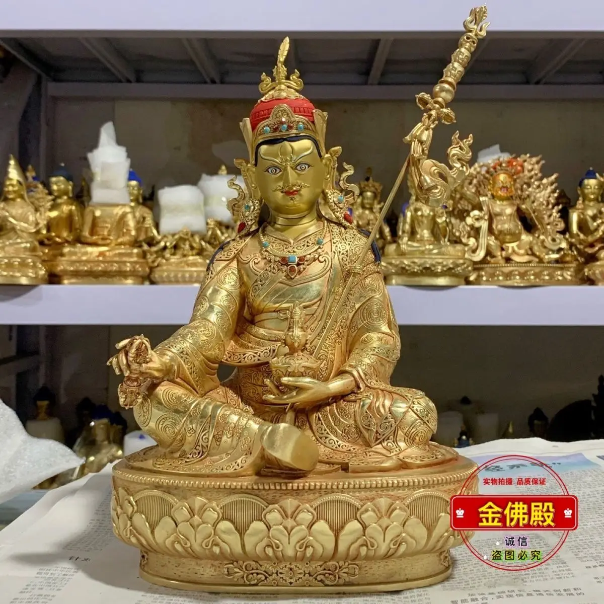 Guru Rinpoche gilt Buddha ornament 10 inch Tibetan tantra bronze statue Buddhist hall supplies Tibetan Buddhist utensils