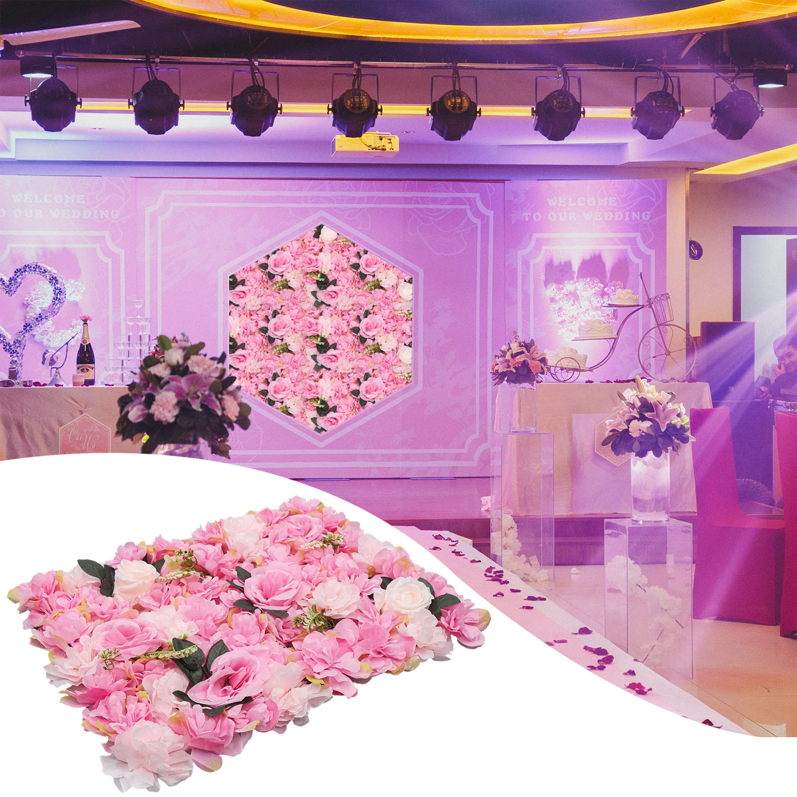 12pcs Handmade Plant Flower Walls With Deep Pink And Gorgeous Roses And Water Plants For Wedding Background, Party Decoration