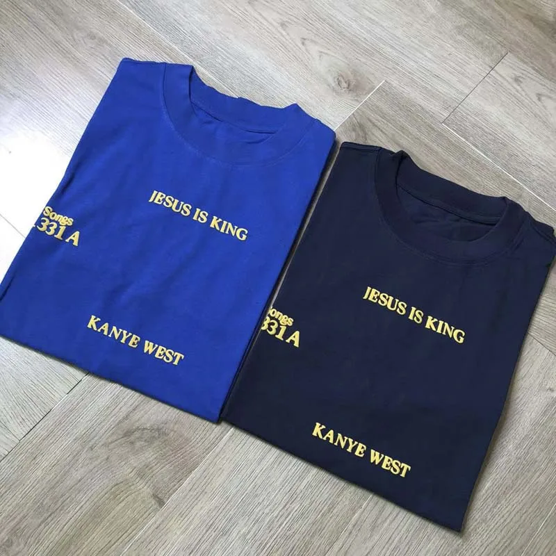 Jesus Is King Foam Label Kanye West T Shirt Men Women American Street Blue Short Sleeved Loose T-shirt Baggy Tops Tee