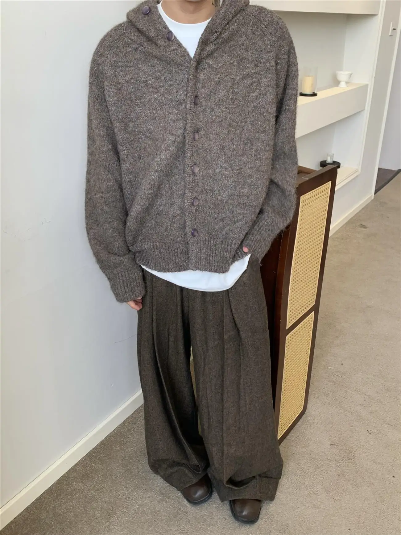 

Caramel Colored Hooded Open Cardigan Sweater Men's Casual American Lazy Sle Knitted irt Cleanfit Leisure Outerwear