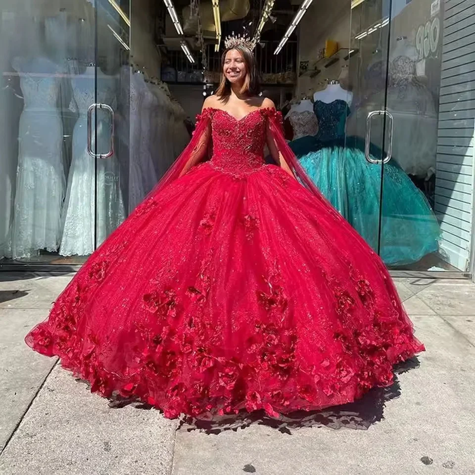 

Красные платья Quinceanera, бальное платье с открытыми плечами, пышные милые платья с цветочным принтом и бисером 16, 15 лет, по индивидуальному заказу