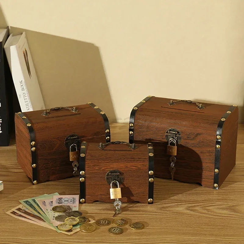 Wooden Retro Treasure Chest Piggy Bank Decorative Box with Lock Coin Banknote Storage Box Safe Money Box Gift