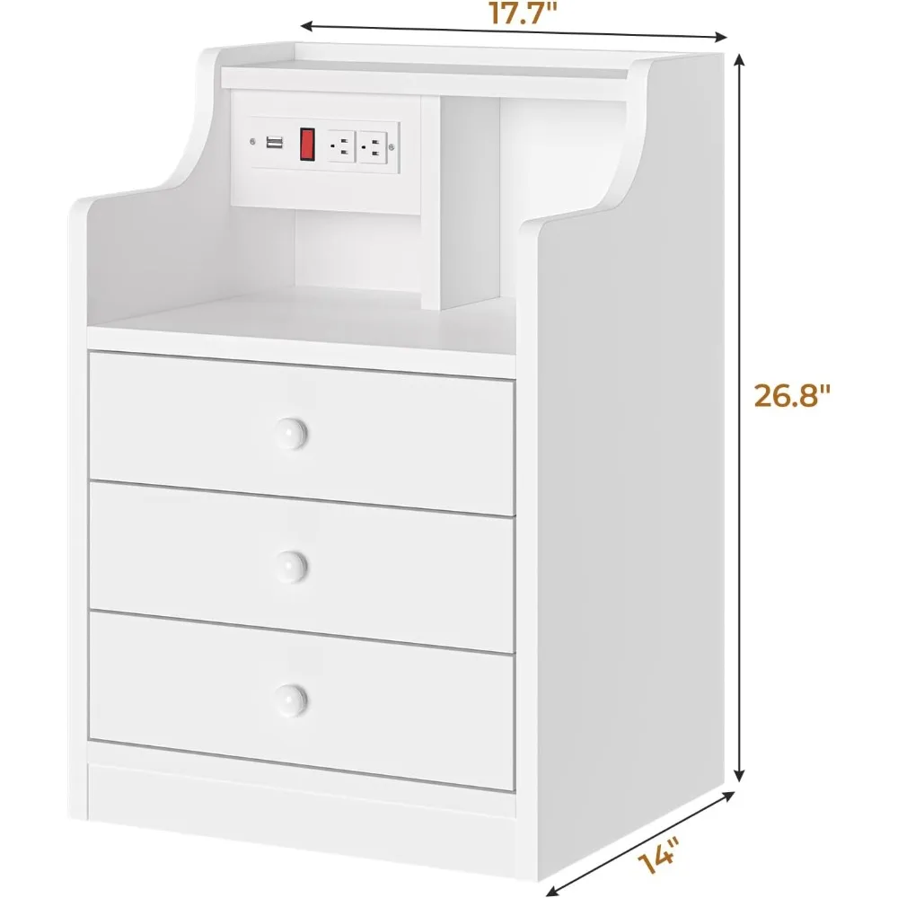 Nightstand with Charging Station,White Night Stand with Hutch,Bedside Table with Drawers,Bed Side Table with Storage