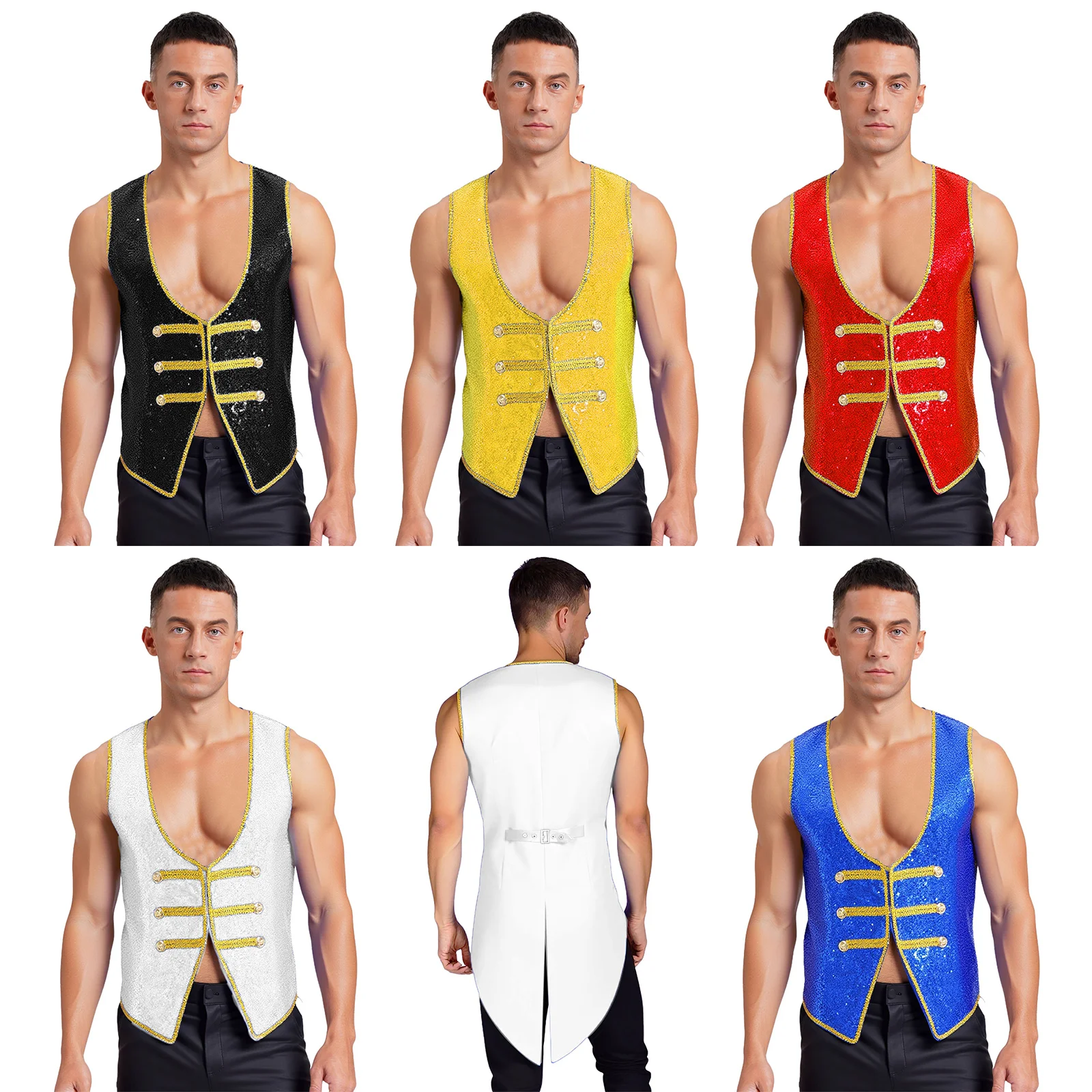 Disfraz de Príncipe de la corte real para hombre, disfraz de Halloween, maestro de ceremonias, Top sin mangas con lentejuelas brillantes, abrigo de esmoquin, chaqueta, vestido de fiesta