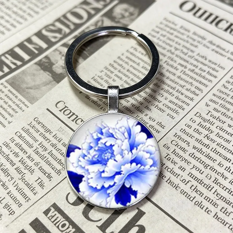 Vintage Chinese Flying Bird Border Glass Key Holder, Circular Frame Peony Lotus Sunflower Dome Glass Keychain