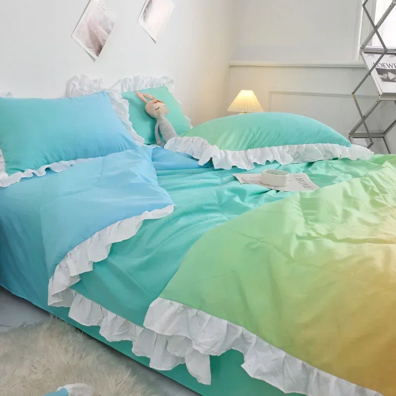 Girl Heart Ruffles Quilt Cover Macaron Candy Gradient Color Duvet Cover 1pc For Household Single Double Children Adults