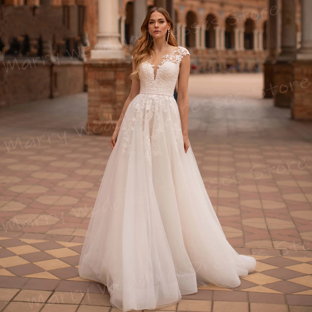 Vestidos de Novia elegantes de corte a para mujer, Vestidos de Novia modernos con Apliques de encaje, nueva manga casquillo, Vestidos de bola con botones, Novia Boda personalizados