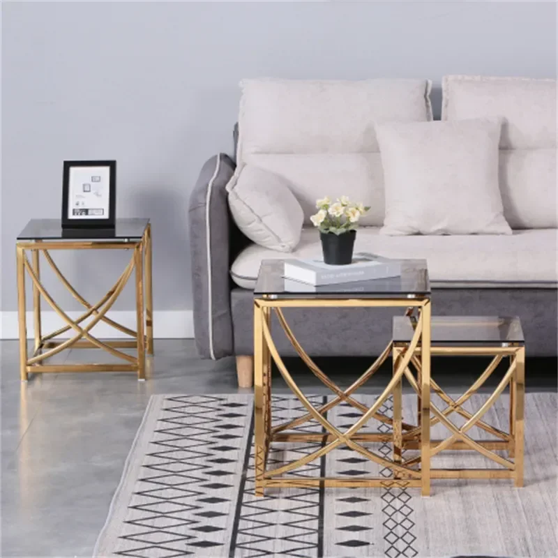 3 pcs Gold Square Nesting Glass End Tables- Small Coffee Table Set- Stainless Steel Small Coffee Tables With Grey Tempered Glass