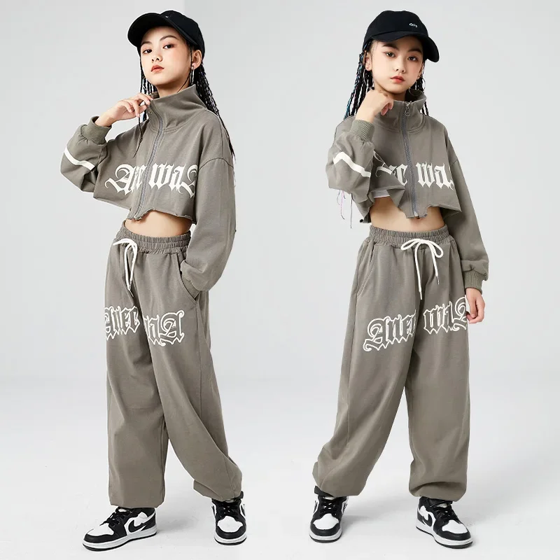 Kids Hiphop Kleding Tiener Grijs Crop Sweatshirt Casual Sport Sweat Joggingbroek Voor Meisjes Jazz Dance Kostuum Kpop Kleding