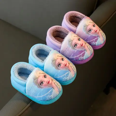 디즈니 공주 엘사 겨울 어린이 힐 코튼 슬리퍼 소녀의 따뜻한 냉동 어린이 코튼 블랙 퍼플 플랫 신발 사이즈 24-40