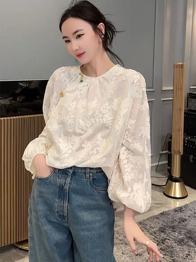 

Новая женская солнцезащитная защита от солнца в китайском стиле, свободная повседневная круглая подвеска с вышивкой и пуговицами, Faionable, 2024, весна-лето