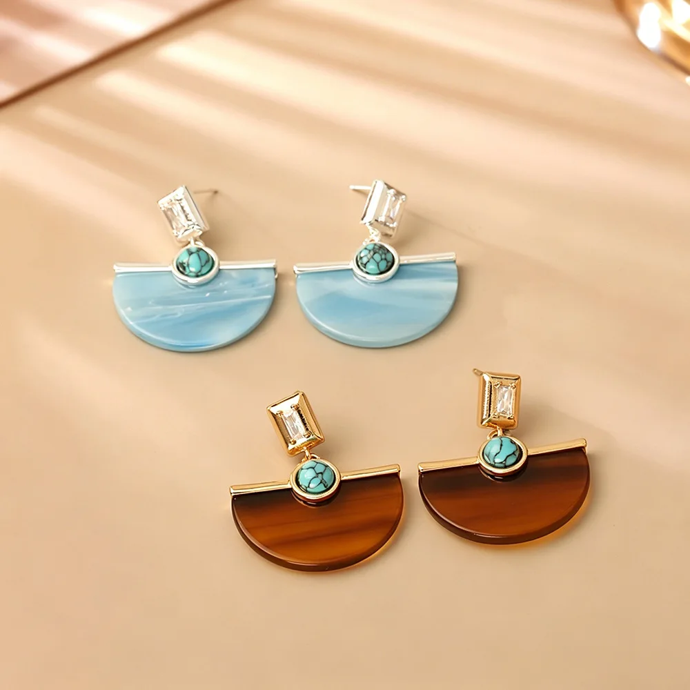 Women Blue Fan Shape Zircon Geometric Drop Earrings Minimalist Luxury Elegant Fresh Temperament Daily Party Ear Jewelry