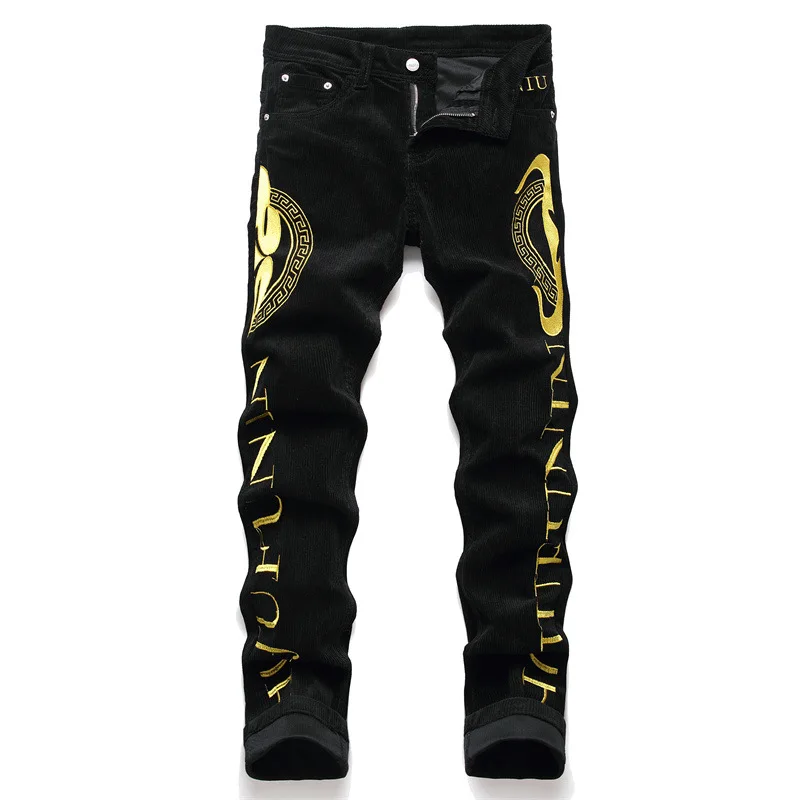 

Men's Casual Black Pants Denim Corduroy Mid-Waist Letter-Embroidered Spring Autumn Clothing