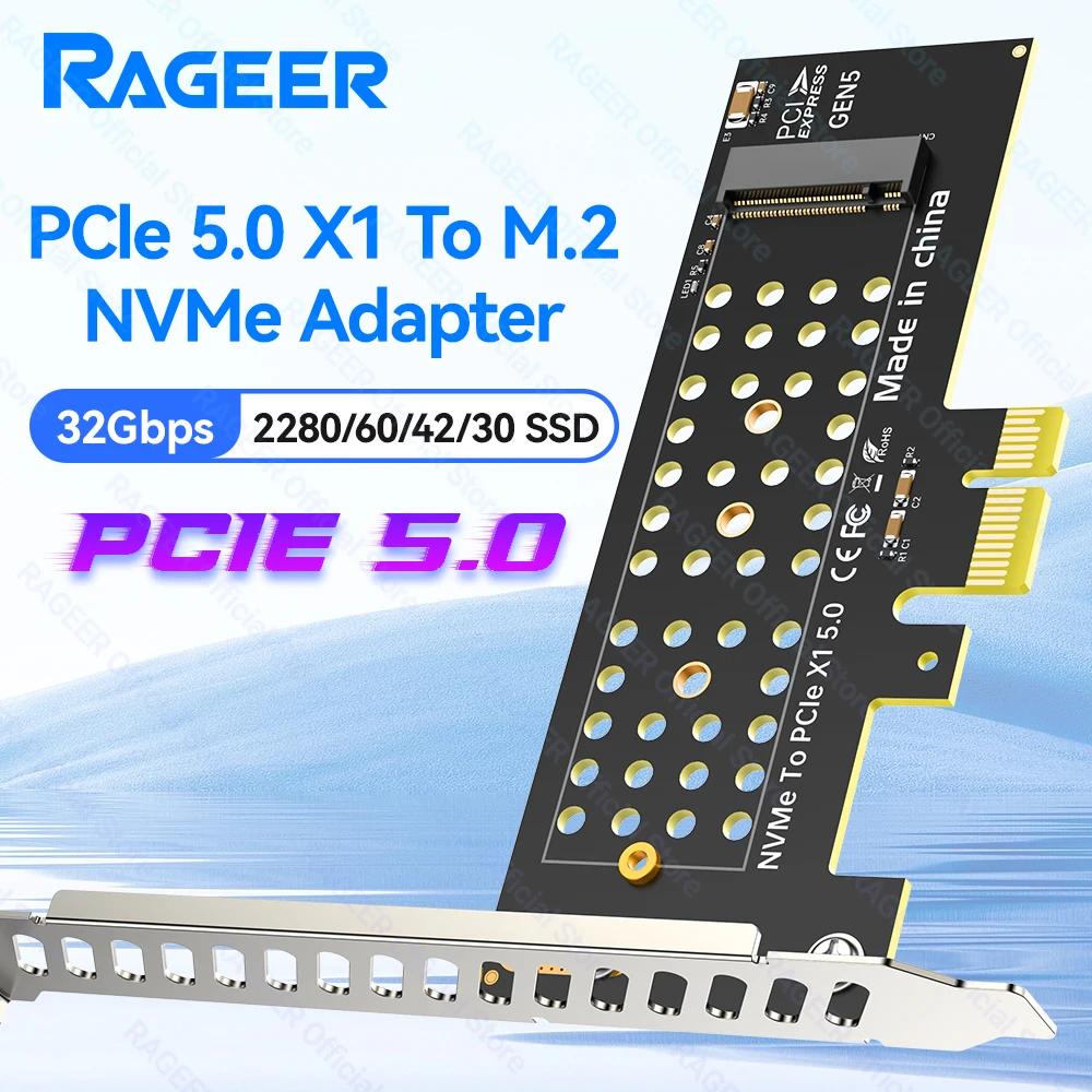 RAGEER PCIe 5.0 X1 to M.2 NVMe Adapter - 32Gbps Speed for 2280/60/42/30 SSDs | Compatible PCIe X1/X4/X8/X16 LED Light