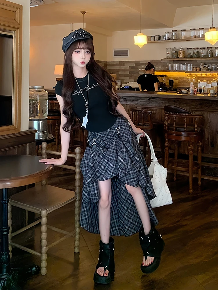ReddaChic Women's High-Low Pirate Skirt Goth Retro Multi-way Tartan Low Rise Train Pirate Skirt Punk Grunge Alternative Clothes