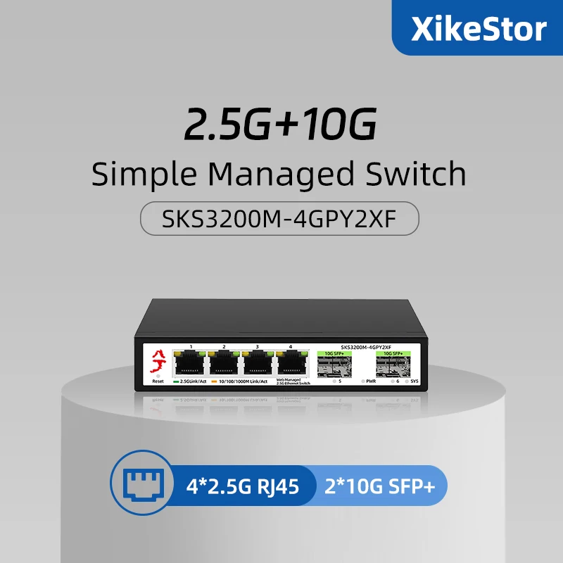 XikeStor 6 Ports 2.5G Simple Managed Switch 4*2.5G RJ45 & 2*10G SFP+Ethernet Switch Support VLAN Division/Port Aggregation