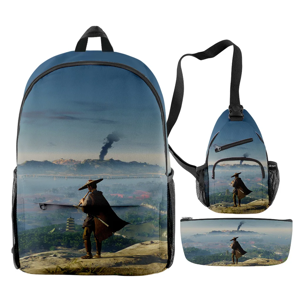 

Fashion Novelty Cool Ghost of Tsushima Game 3D Print 3pcs/Set pupil School Bags Travel Laptop Backpack Chest Bag Pencil Case