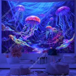 Jellyfish UV Reactive Tapestry Wall Hanging for Psychedelic Art Mystic Kawaii Room Decor Hippie Home Wall Decor Picnic Carpet
