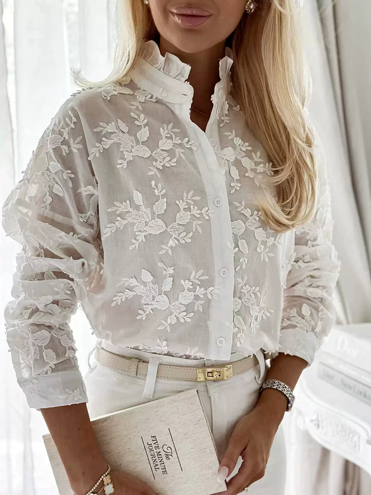 

Элегантная блузка с цветочной вышивкой, сексуальный V-образный вырез, длинный рукав, однотонная рубашка, женский топ с вырезами и пуговицами, подчеркивающий изящность