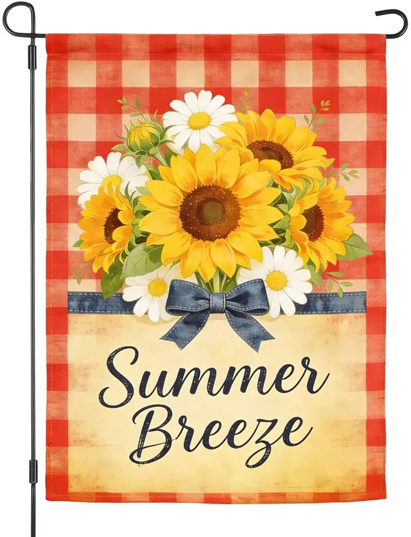 Summer Breeze Garden Flag Sunflower Daisy Buffalo Check Burlap Double Sided Outdoor Yard Decorations, 12 x 18 Inch jjp