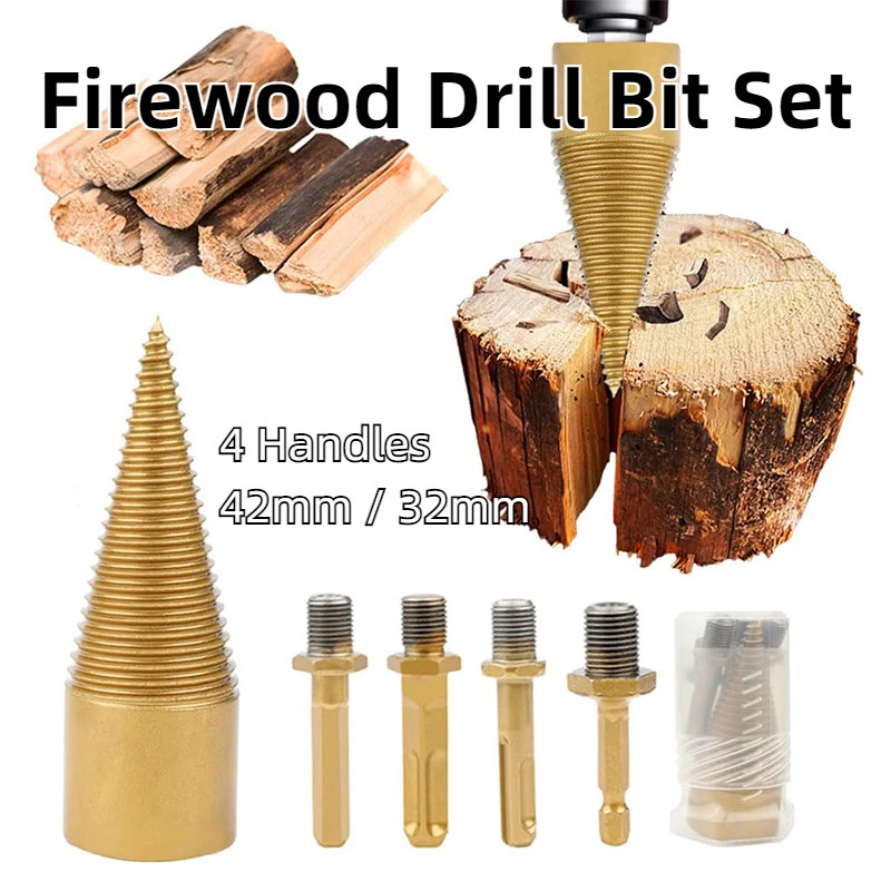 5pcs 32/42mm Firewood Drill Bit Set Split Firewood Small Impact Drill 4 Handles Detachable Fire Wood Splitter Drill Bit Tool