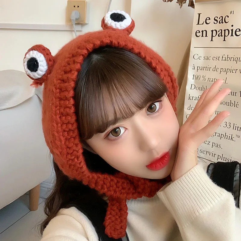 Cute Frog Eyes Knitted Beanie Hat Women Winter Warm Earflap Cap Handmade Crochet Cartoon Bonnet Funny Party Cosplay Photo Props