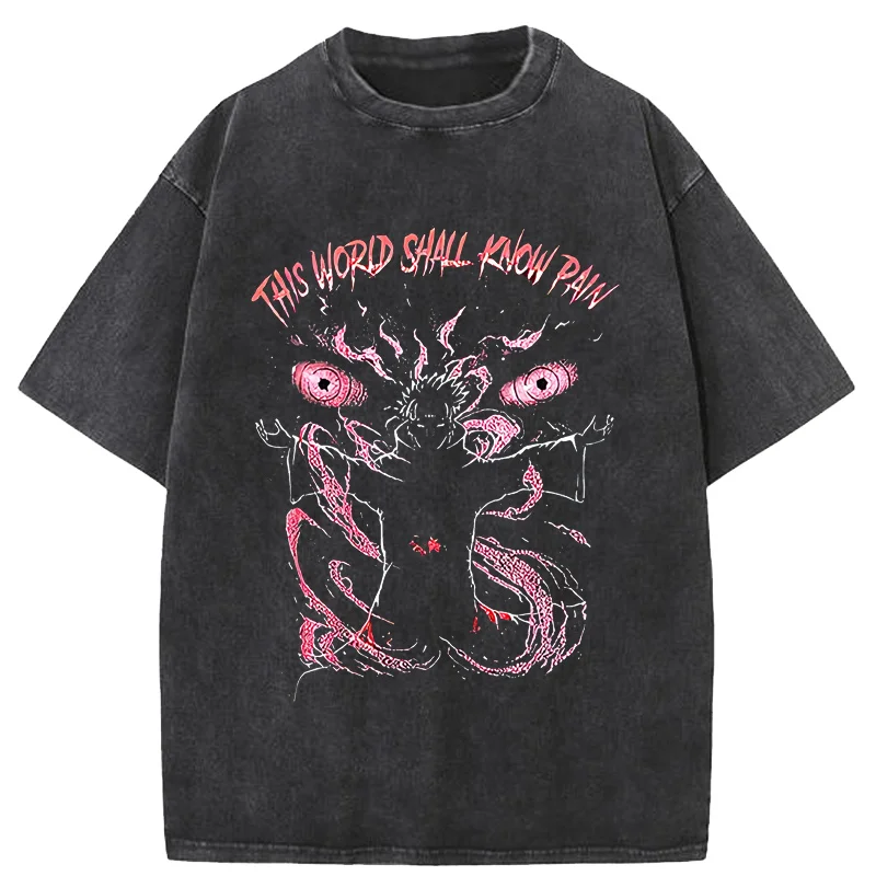 

2025 Anime Pain Printed T Shirt Men Retro Washed Cotton Tops Tees Harajuku Tshirt Streetwear Hip Hop Male T-shirts Clothing