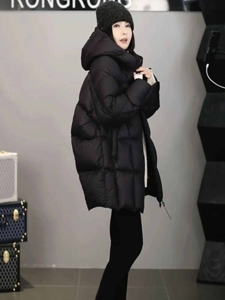Unique Super Sli Hooded Bla down Jaet Women Winter Mid-Length 2025 New High-End Bread Coat Casual Sle Polyester Fib...