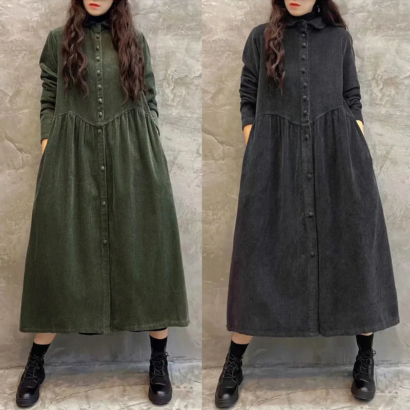 Women's Corduroy Coat Vintage Loose Casual Jacket Winter Warm Fleece Long Sleeve Outerwear Coats