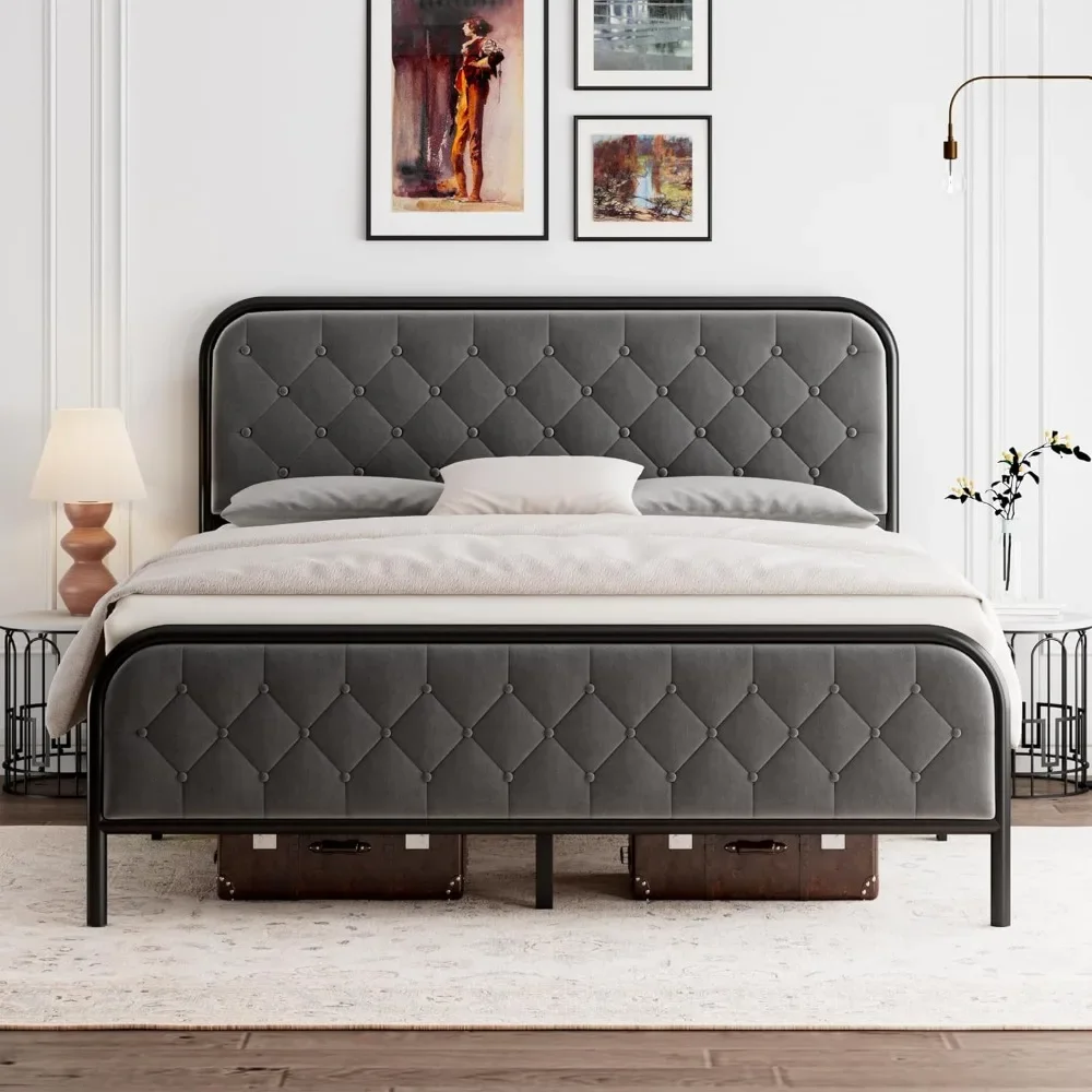 Full Bed Frame, Upholstered Metal Bed Frame with Diamond Tufted Headboard, Heavy Duty Metal Slats, 12