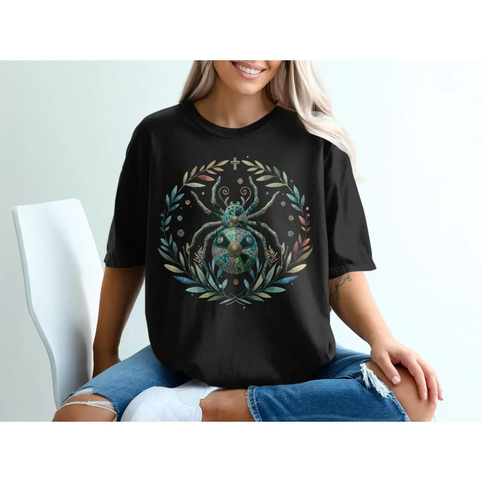 Bohemian Patchwork Spider T Shirt Whimsical Teal Green Arachnid Spiritual Insect Art Watercolor Wreath Casual Top vintage homme