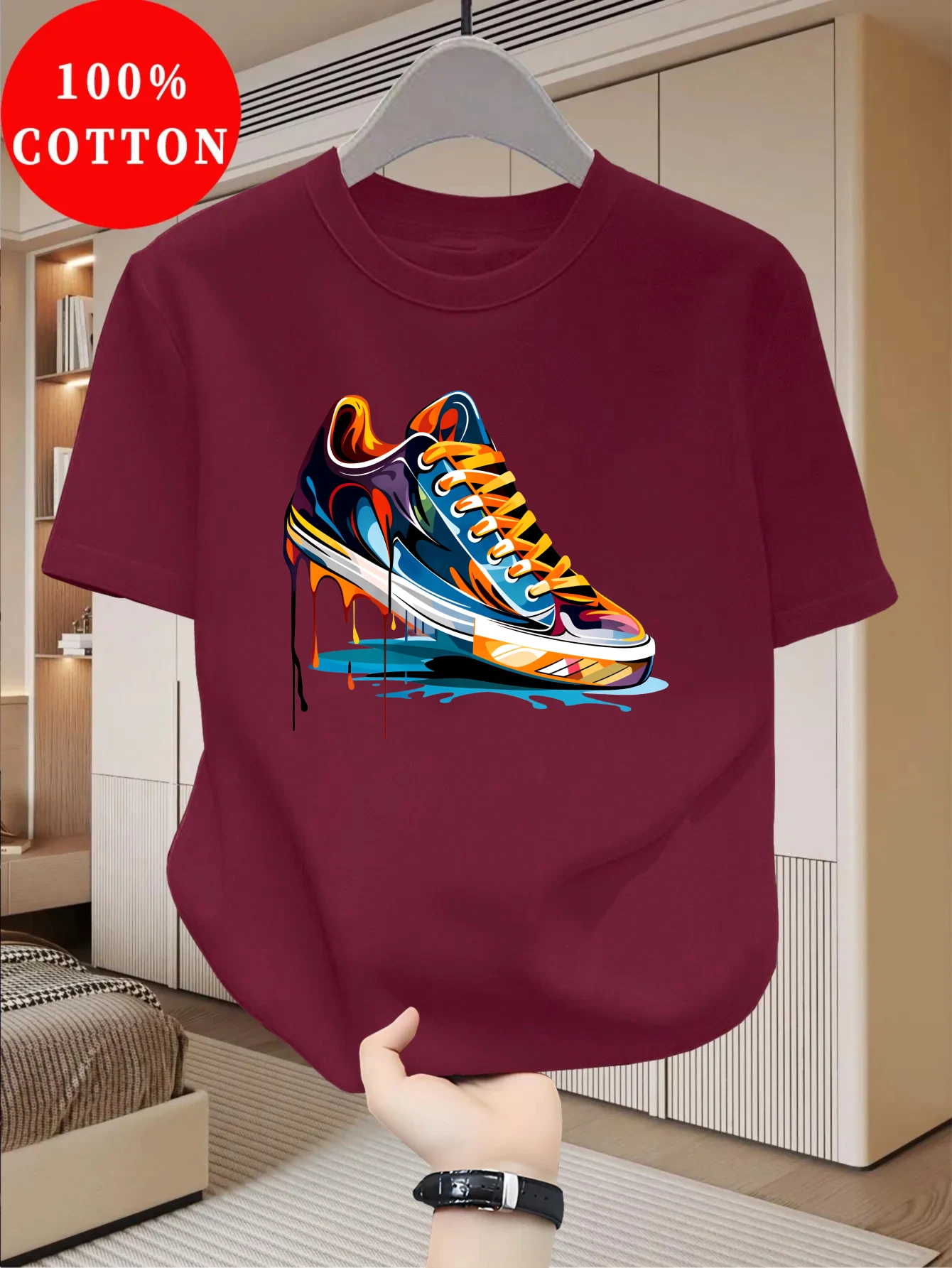 Summer Men's 100% Cotton Casual Personalized Trendy Sneakers Graffiti Printed Loose Round Neck Short Sleeve T-shirt view 5