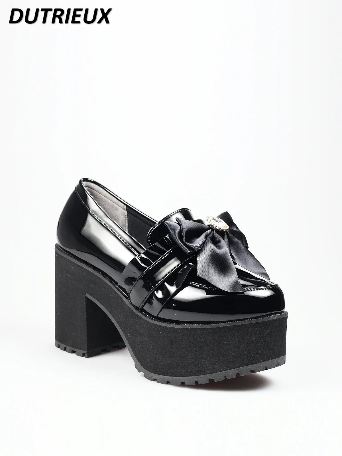 

Black Sweet Cute Girl High Heels Spring Summer New Japanese JK Platform Bow Rhinestone Chunky Lolita Heel Shoes for Women
