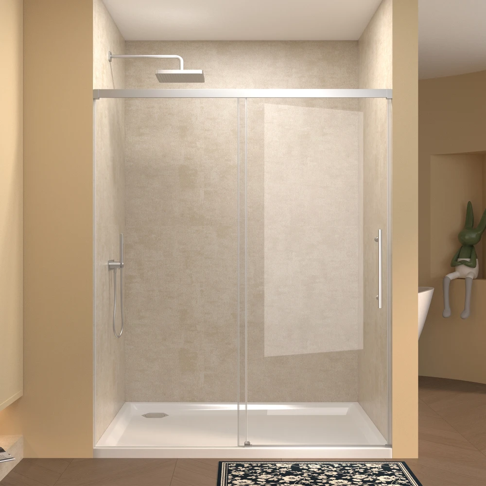 

60"W×72"H Single Sliding Shower Door:5mm Fixed&6mm Sliding Glass,Frameless,Clear Tempered,Stainless Handle,Chrome