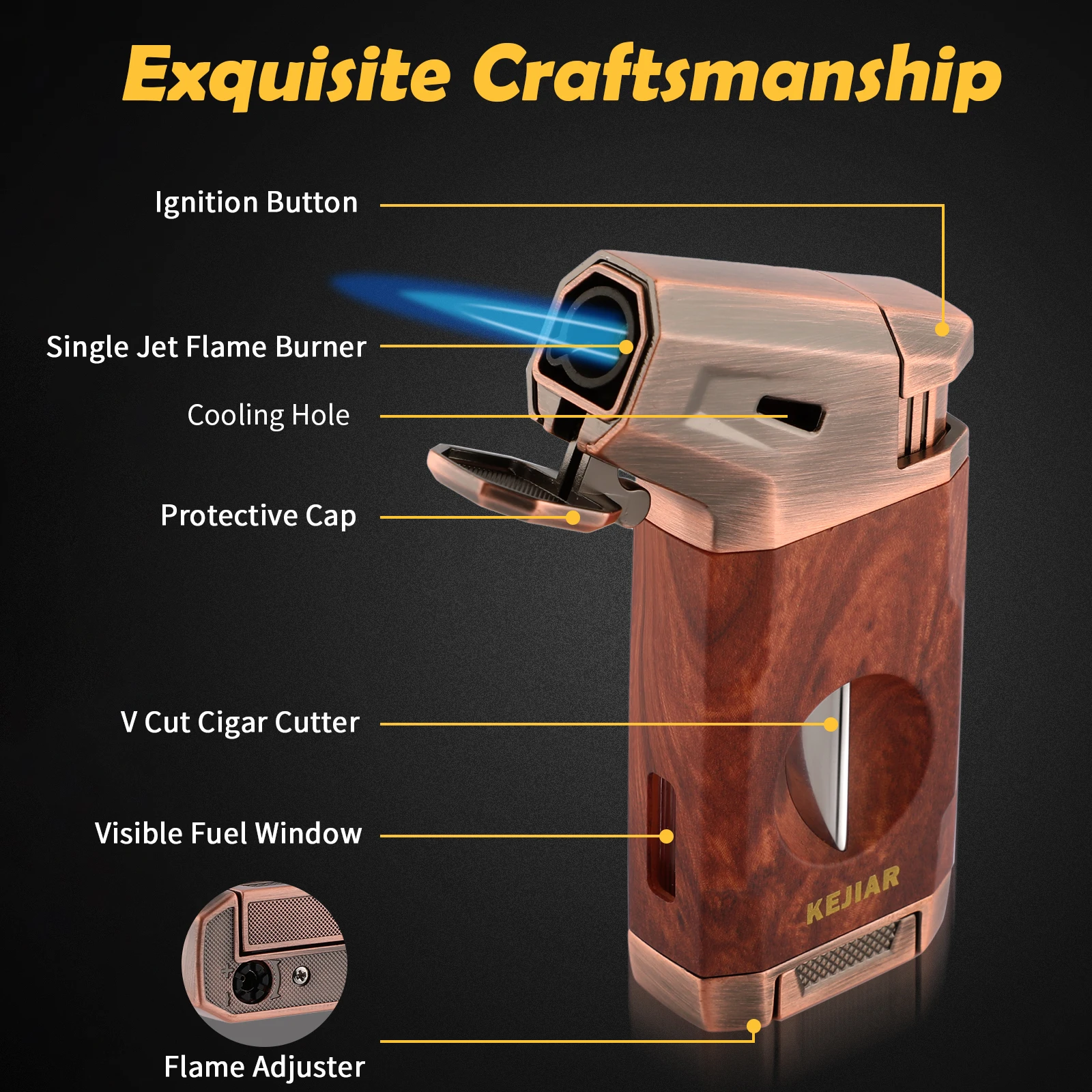 Cigar Lighter with V Cut Cigar Cutter, Jet Flame Refillable Torch Lighters for Smoking, Gas Butane Lighter, Cigar Torch Lighters