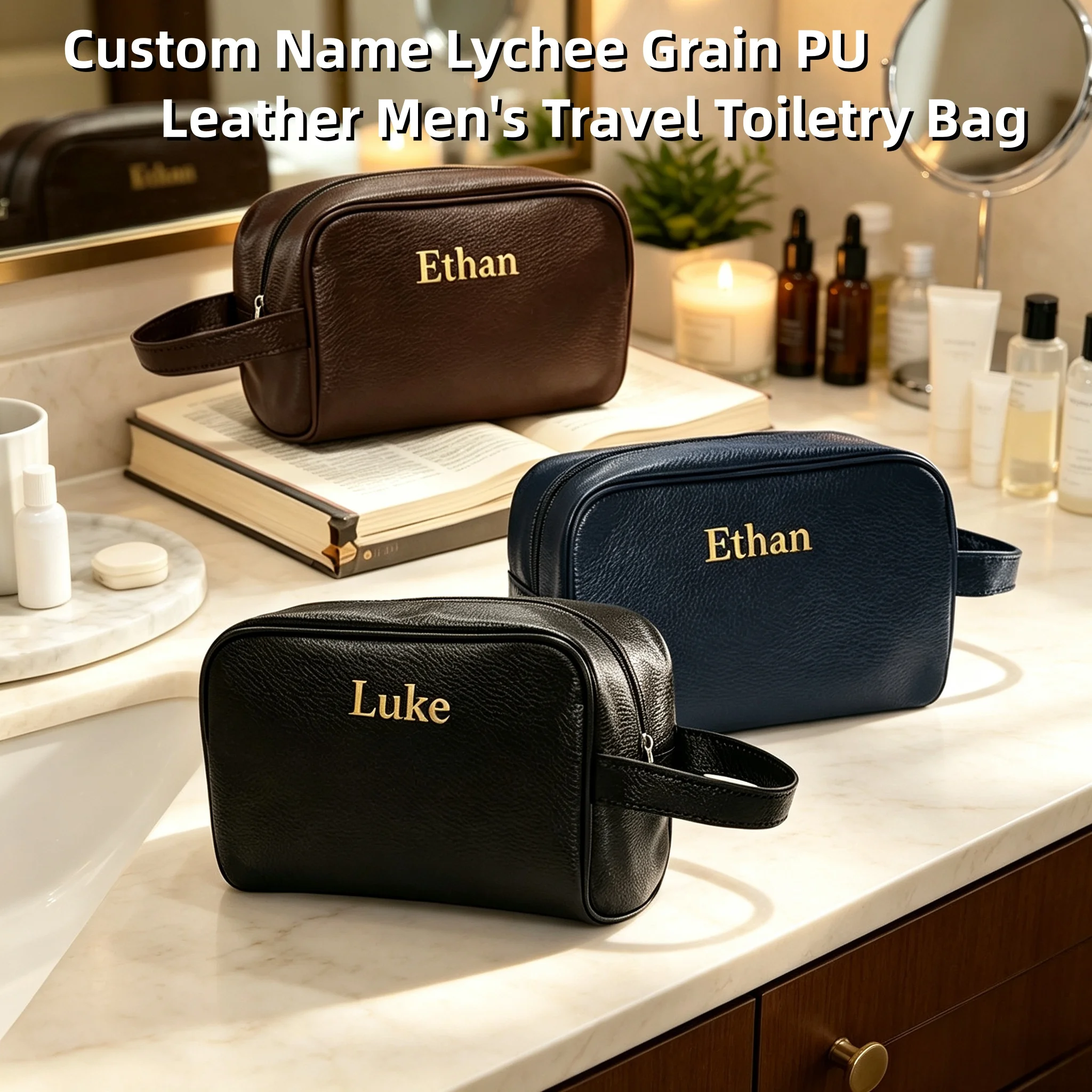 Personalized name or letter large-capacity men's makeup bag, business travel zipper lightweight toiletry bag, men's makeup bag