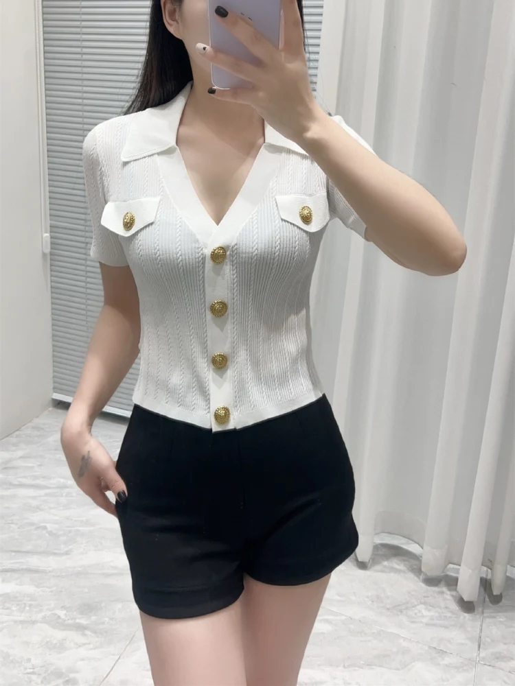 

Высококачественная версия Парижский летний трикотаж V-Ne Slim Fit ort Sve Открытый кардиган Топ с золотыми пуговицами Ele Faionable