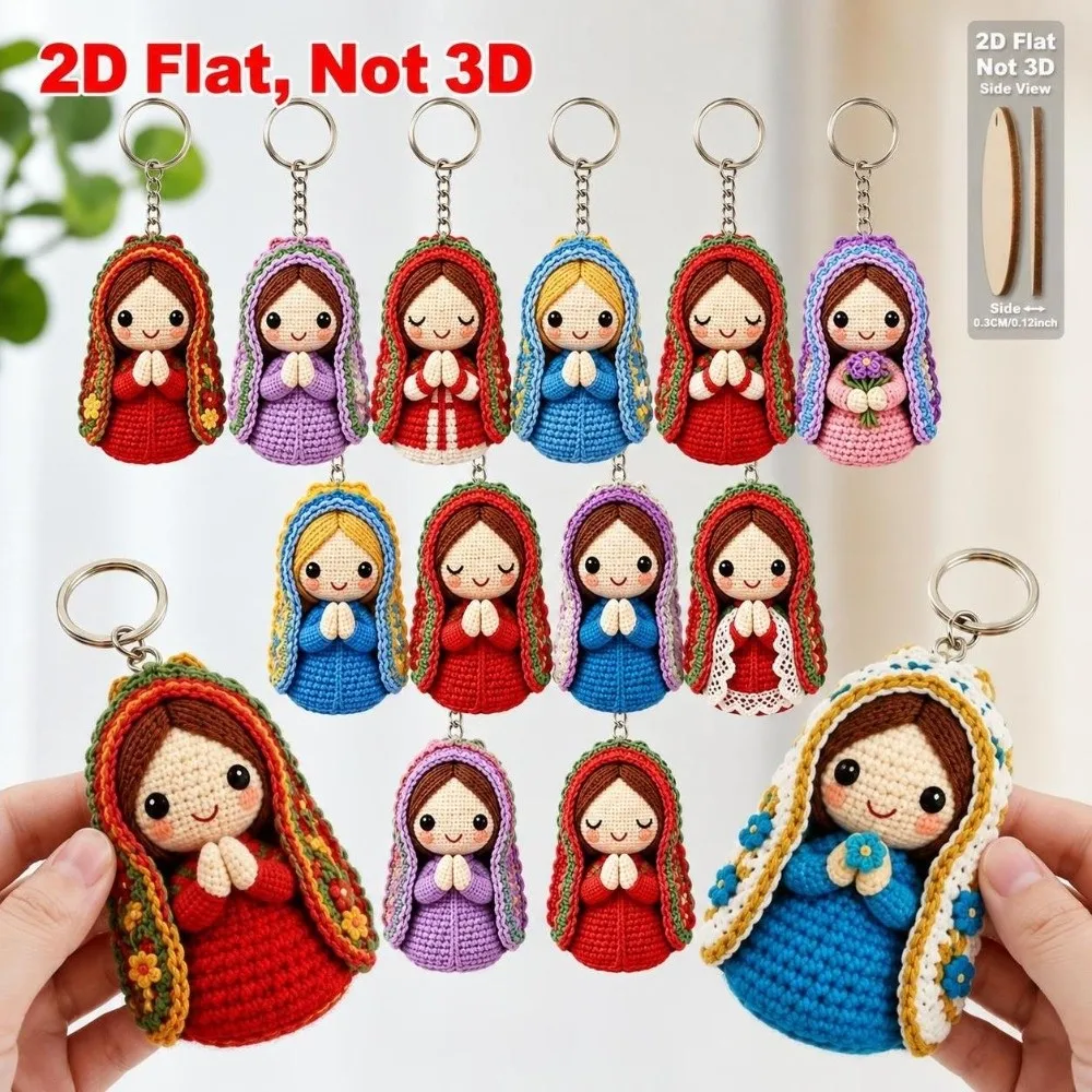 10pcs/set Crochet Style Virgin Mary Keychain Set Religious Knitted Doll 2D Flat Acrylic Keychains Figurine Pendant Kids Gift