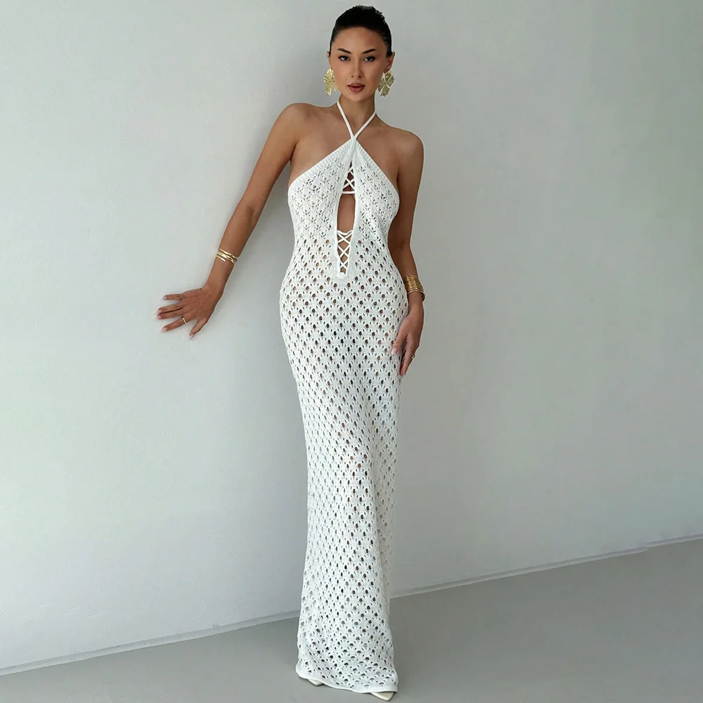 

2025 Cross-Border European And American Summer New Sexy Hollow Knitted Beach Bikini Swimsuit Solid Color Dress For Women